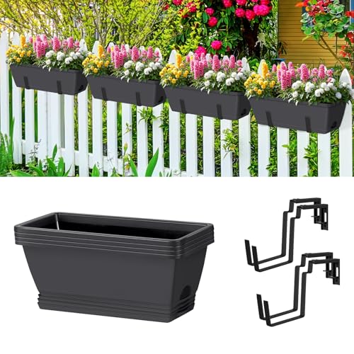 4 Pack 17 Inch Deck Railing Planter Boxes Adjustable Window Boxes Planters - color: Gray+black Brackets