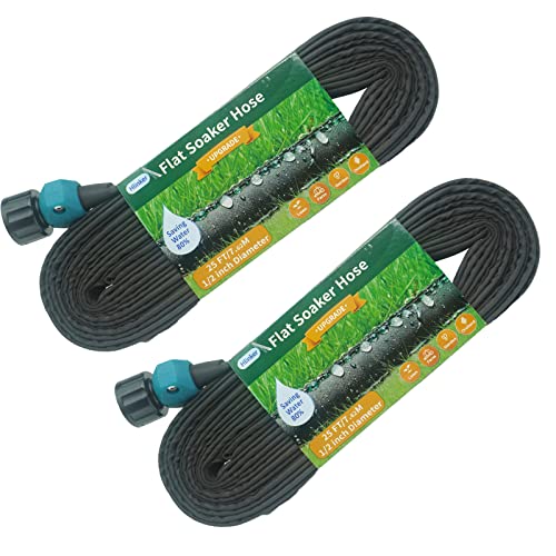 Hlinker Flat Soaker Hose 25 50 FT for Garden Beds, 50Ft (25FT X 2) 1/2" Linkable Consistent Drip Irrigation Hose Save 80% Water, Leakproof Heavy Duty Double Layer Sprinkler Hose - size: 50FT (25'X2)