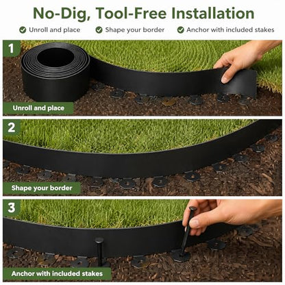 33 FT Garden Edging Border, 2 Inch Flexible Landscape Edging Kit with 30 PCS Stakes, No-Dig Tool-Free Plastic Lawn Border for Flower Beds, Yard Pathways, Landscaping Projects & Outdoor Garden Decor