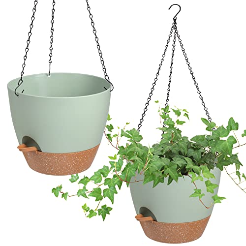 10 Inch Self Watering Hanging Planters for Indoor Outdoor Plants, 2 Pack - color: Green, size: 10''