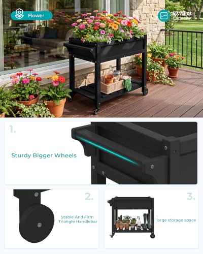 SERWALL Raised Garden Bed on Wheels with Storage Shelf Set of 2,Black - color: Black, size: 2 Pack