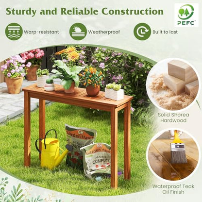 Tangkula Wooden Plant Stand, Outdoor Indoor Solid Wood Flower Pot Holder Display Shelf with Teak Oil Finish, Slatted Top, Rustic Plant Rack for Patio Garden Entryway Porch - size: 40" x 12" x 29"