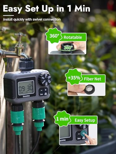 Insoma 2 Zone Water Timer, Programmable Irrigation Sprinkler Timer for Garden Hose, Outdoor Hose Faucet Timers with Rain Delay/Manual/Auto Modes, IPX5 Waterproof for Drip System & Lawn - size: 2 Zone-Plastic