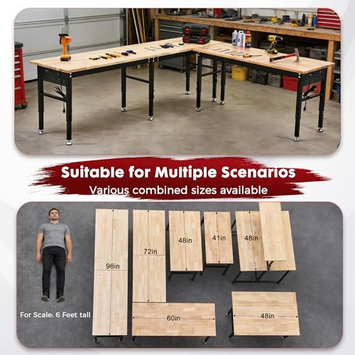 96" Adjustable Workbench with Rubberwood Top & Power Outlet, Large 96x24Inch 9-Level Height Range 27"-37", 5000 LBS Heavy Duty Capacity for Workshop, Office, Garage, Home - size: 96*24 Inch