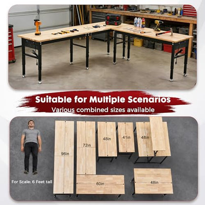 96" Adjustable Workbench with Rubberwood Top & Power Outlet, Large 96x24Inch 9-Level Height Range 27"-37", 5000 LBS Heavy Duty Capacity for Workshop, Office, Garage, Home - size: 96*24 Inch