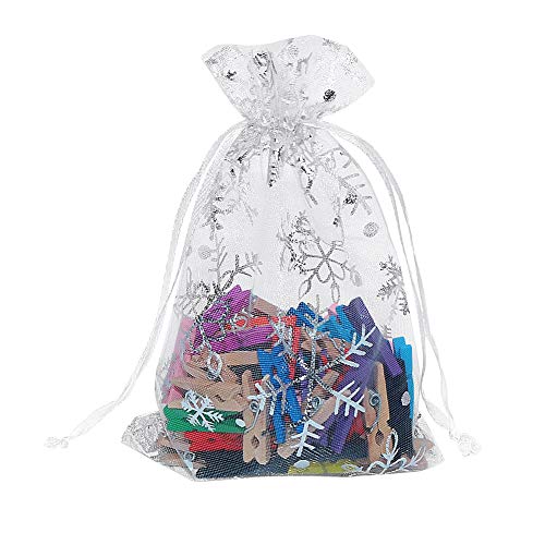 HRX Package 100pcs Snowflake Organza Gift Bags Christmas 4x6 inch, Small White Mesh Jewelry Pouches Little Drawstring Candy Bags - color: White-Snowflake