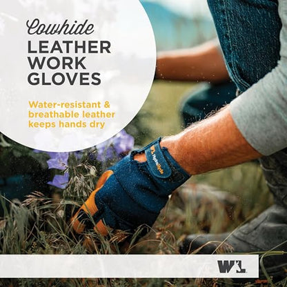 Wells Lamont Men's Leather Palm Work Gloves – HydraHyde Water-Resistant Leather, Flexible Spandex Back, Adjustable Closure - color: Blue, size: Medium