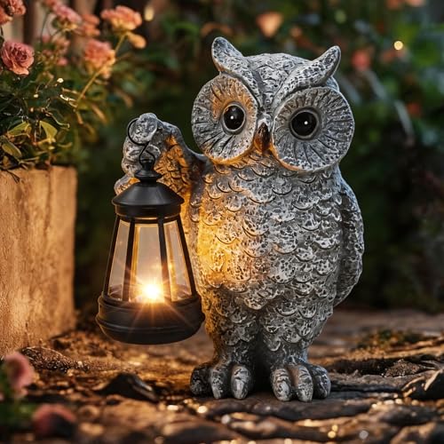 Solar Owl Garden Statues & Light, Outdoor Resin Yard Figurine Decor - color: Owl