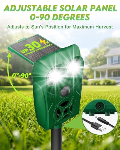 Solar Ultrasonic Animal Repellent with Motion Sensor - Waterproof Deer Repellent Device with LED Lights for Yard, Effective Against Deer, Coyotes, Raccoons & Cats
