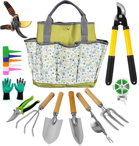 Gardening Tools – 42 Piece Premium Gardening Tool Set,Heavy Duty Hand Tools with Fashion Garden Tools Organizer Handbag,Rust-Proof Gardening Tool Kit, Ideal Gardening Gifts for All (Green Floral) - color: Green Floral