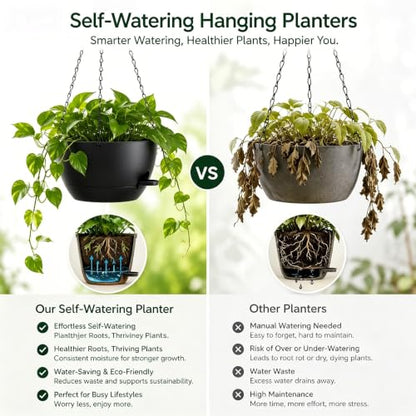 12 Inch Self Watering Hanging Planters, Black, 2 Pack - color: Black