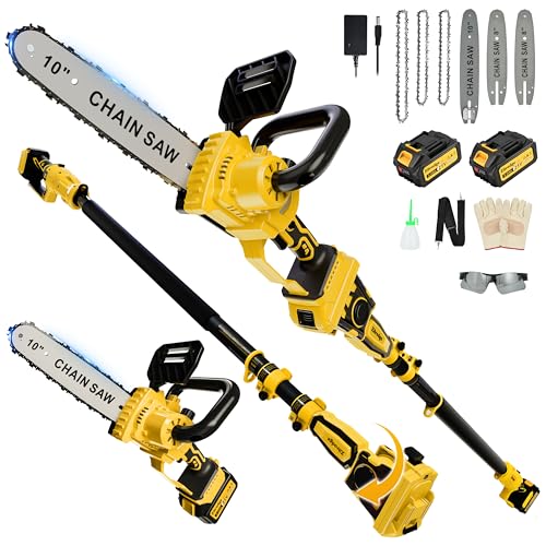 8 Inch/ 10 Inch Electric Pole Saws for Tree Trimming & Mini Chainsaw 4-IN-1, Cordless Pole Saw Battery Powered, Chain Saw with Extension Pole, Total Reach of Max 15ft, Limb Branch Cutter Pruner - color: Bright Yellow