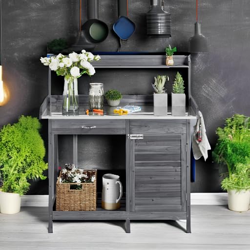 Yaheetech Potting Bench Outdoor Potting Table with Storage,Gray - color: Gray