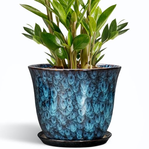 10 Inch Plant Pot - Ceramic Planter with Drainage Hole and Saucer, Round Flower Pots for Indoor Outdoor, Modern Decorative Planter for Plants, Home Office Decor, Plant Lover Gifts, Blue - color: Blue, size: 10 Inch