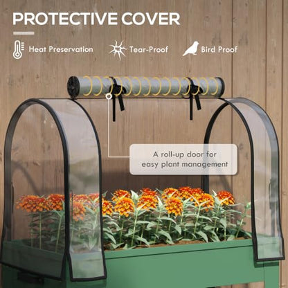 Outsunny Raised Garden Bed with Greenhouse Cover, Lockable Wheels, Green