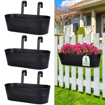 Railing Planter Box, 16" Large Hanging Planters for Outdoor Plants, 3 Pack