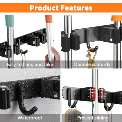 2 Pack Mop and Broom Holder Wall Mount for Kitchen Garden Garage Laundry - color: Black, size: 2 Pack 3 Racks with 4 Hooks