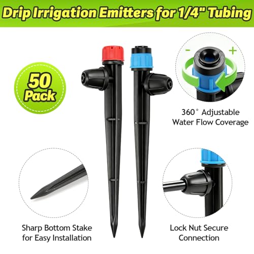 50pcs Drip Emitters with Stake for 1/4" Irrigation Tubing, Adjustable 360 Degree Water Flow Irrigation Vortex Sprayers & Stream Emitters On 5" Stake Garden Irrigation Dripper System - color: Drip Emitters-50P