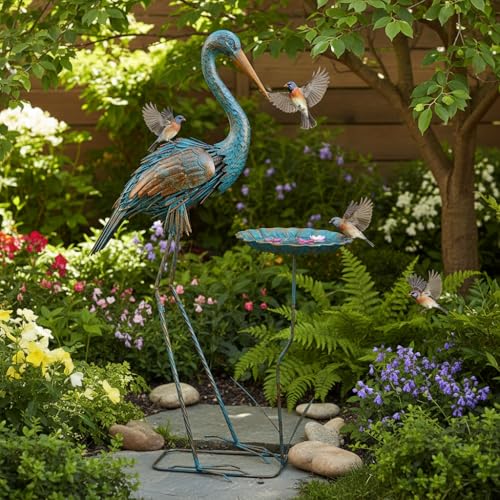 Metal Crane Garden Statue for Outside with Leaf Tray - color: Gold & Blue-crane