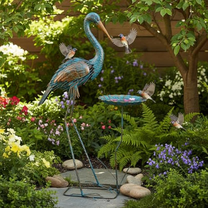 Metal Crane Garden Statue for Outside with Leaf Tray - color: Gold & Blue-crane