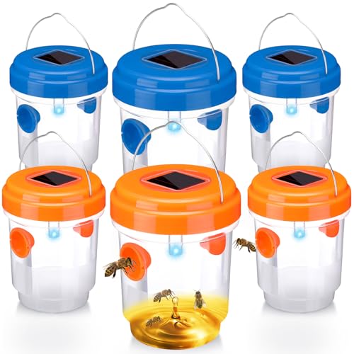 6 Pack Wasp Trap Solar Powered Bee Trap Reusable Fly Traps Outdoor Hanging Wasp Killer with UV LED Light Flying Insect Bee Killer for Indoor Outside Patio Home(Orange, Blue,6 Packs) - color: Orange, Blue