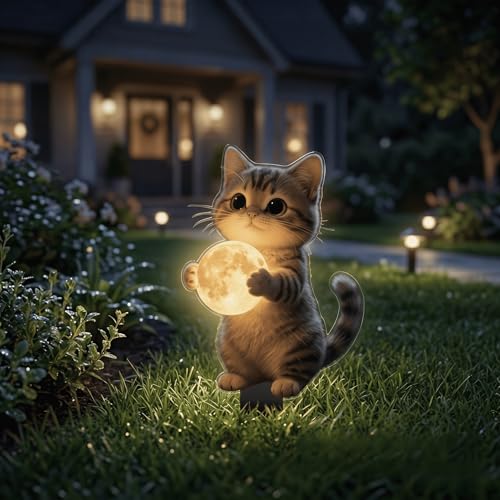 2D Flat Cat Hugging Moon Garden Stake, Waterproof Cute Animal Yard Sign, Weatherproof Outdoor Stake for Lawn Patio Flower Bed, Spring Summer Garden Yard Art Decor Gift for Cat & Garden Lovers - color: Cat Hugging