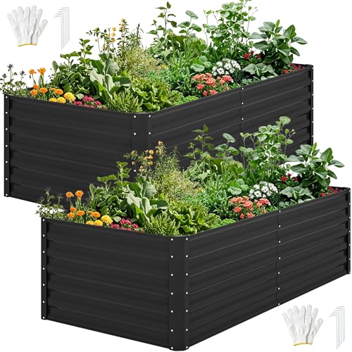 DWVO 2pcs 6 x 3 x 2 FT Raised Garden Bed Kit, Outdoor Galvanized Flower Bed with Gloves, Large Metal Planter Box for Vegetables, Flowers, Herbs, Fruits, Black - color: Black, size: 6x3x2ft 2pcs