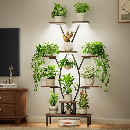 JUSTOGO Plant Stand Indoor with Grow Lights - 9 Tiered Tall Plant Shelf