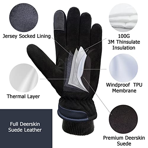 SKYDEER 3M Thinsulate Thermal Winter Work Gloves with Windproof Premium Genuine Deerskin Suede Leather (Unisex SD8671T) - color: Sd8652t, size: Large