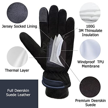 SKYDEER 3M Thinsulate Thermal Winter Work Gloves with Windproof Premium Genuine Deerskin Suede Leather (Unisex SD8671T) - color: Sd8652t, size: Large