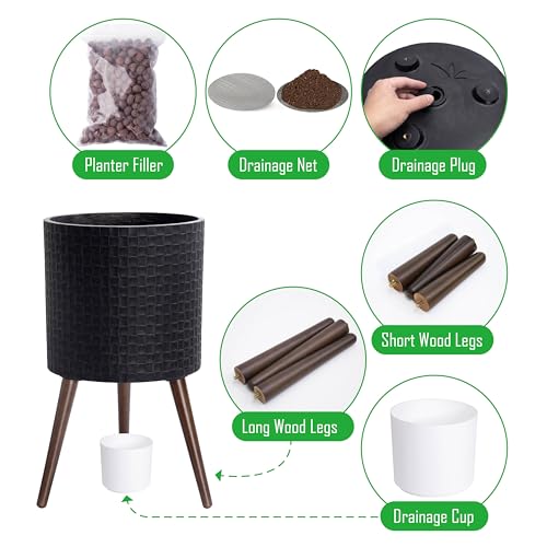 D'vine Dev Planter Pot with Wood Stand, 14 in, Distressed Black, 88-Z-D-5 - color: Distressed Black, size: X-Large