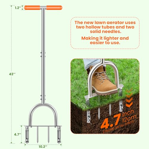 Manual Core Aerator, 2 Hollow Slot + 2 Spike Tines, Semi-Assembled, Orange