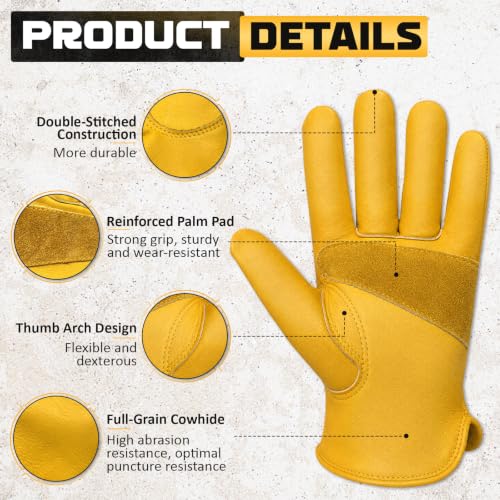 Cowhide Work Gloves Men & Women, Reinforced Palm, Puncture Resistanta - size: Small