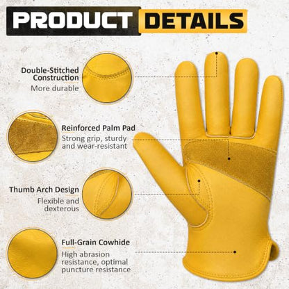 Cowhide Work Gloves Men & Women, Reinforced Palm, Puncture Resistanta - size: Small