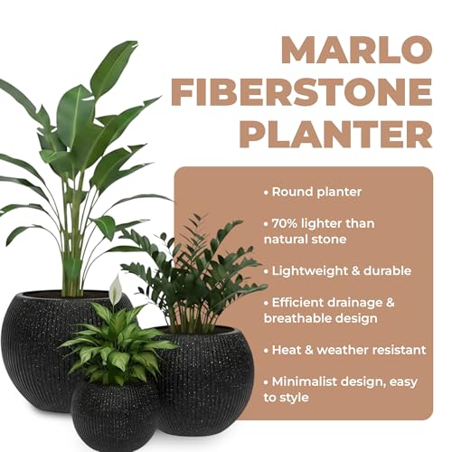 Marlo Fiberstone Round Planter, Ribbed Finishes (L, Black) - color: Ribbed Black, size: 21.3"D x 16.5"H