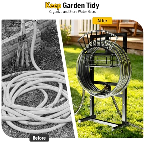 Garden Hose Holder with Brass Faucet, 45ft Rubber Hose, 5ft Leader Hose