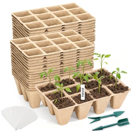Seed Starter Tray - 300 Cells Biodegradable Peat Pots for Seedlings, 25 Packs Garden Germination Seedling Starter Trays with Drain Holes, Organic Seed Starter Kit with Plant Labels(Khaki)
