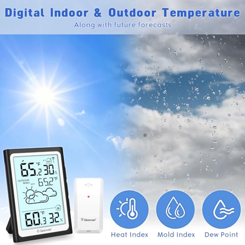 Geevon Large Display Digital Thermometer Hygrometer Indoor Outdoor Wireless