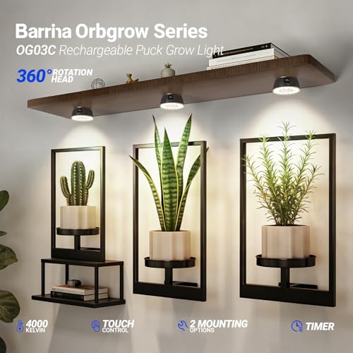 Barrina OG03C Rechargeable Puck Grow Light, 5200mAh, 4000K, 1 Pack, Black - color: Black, size: 1 Pack