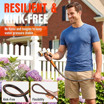Garden Hose 25 ft x 5/8", Heavy Duty Water Hose, Flexible and Durable, Kink Resistant Lightweight Hybrid Hose, Leakproof Yard Hose with Male to Female Fittings - color: Black, size: 25ft
