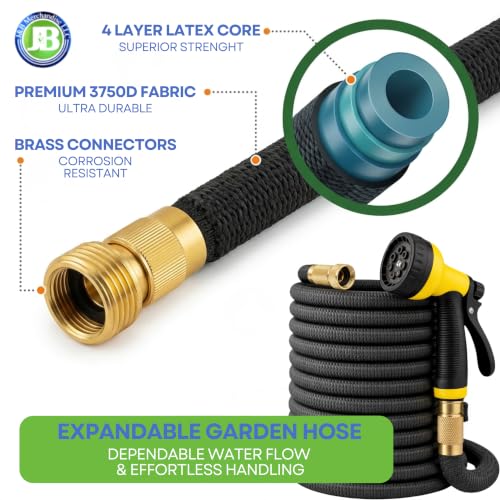 J&B XpandaHose 75ft Expandable Garden Hose, Lightweight, Brass Connectors - color: Black, size: 75ft