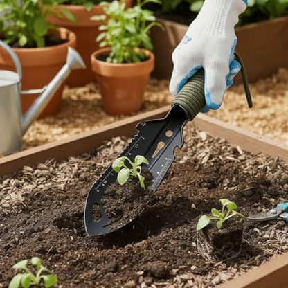 9‑in‑1 Mini Camping Shovel, Ultralight Backpacking Trowel Multitool - color: black
