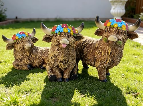 Highland Cow Garden Statues Set of 3 Resin Funny Outdoor Patio Lawn Decor - color: Dark Brown