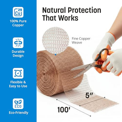 Coldbreak Copper Mesh Rodent Control – 5" x 100' Rustproof Copper Wool Roll for Wall Hole Filler, Rodent Control, Bat & Snail Blocker – Perfect for Hole Sealing, Gardening & Water Pipe Openings - size: 100'