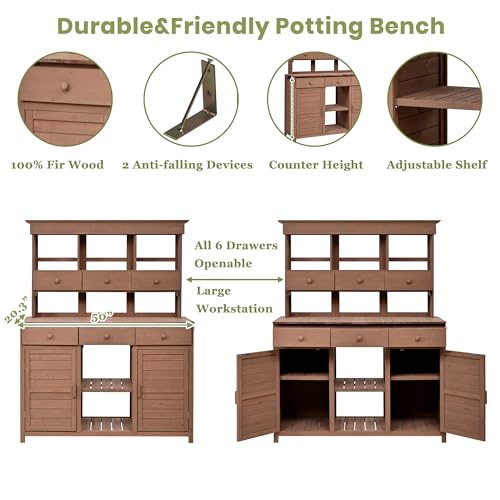 Merax 65.7" Tall Garden Potting Bench with Hutch, 3 Shelves, 6 Drawers, 2 Cabinets & Hooks - color: Brown