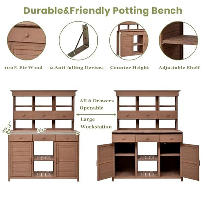 Merax 65.7" Tall Garden Potting Bench with Hutch, 3 Shelves, 6 Drawers, 2 Cabinets & Hooks - color: Brown