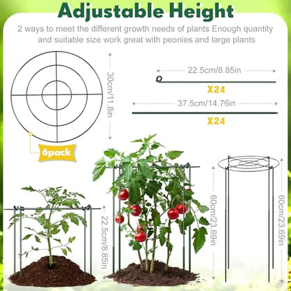 Geelin 6 Pcs Adjustable Peony Cages and Supports, 24 x 12 Inch / 9 x 12 Inch Metal Peony Support Cage, Large Plant Frame Rings for Garden Outdoor Plants Flowers Tomato Vegetables, Height Adjustable - size: 24 x 12 Inch / 9 x 12 Inch