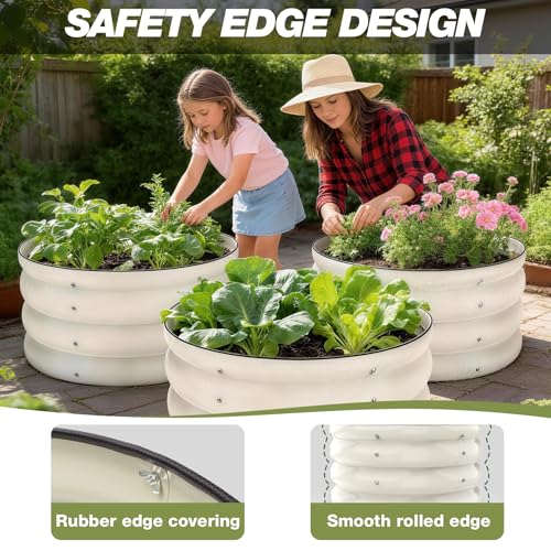 SHALL 3PCs Galvanized Raised Garden Bed Kit, 2x2x1ft Round Planter Boxes Outdoor W/Mini Seed Spreader, Disk Seeder, 2X Seeding Transplanters, Protective Gloves for Flowers Fruits Vegetables Herbs