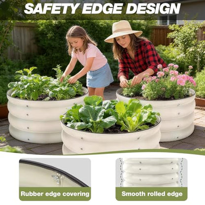 SHALL 3PCs Galvanized Raised Garden Bed Kit, 2x2x1ft Round Planter Boxes Outdoor W/Mini Seed Spreader, Disk Seeder, 2X Seeding Transplanters, Protective Gloves for Flowers Fruits Vegetables Herbs