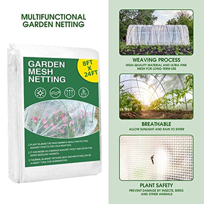 Garden Netting Kit for Raised Beds, 8x24Ft Ultra Fine Mesh Netting with 6 Sets Garden Hoops, Plant Row Cover Insect Netting Birds Pest Barrier Net for Vegetable Fruit Flowers